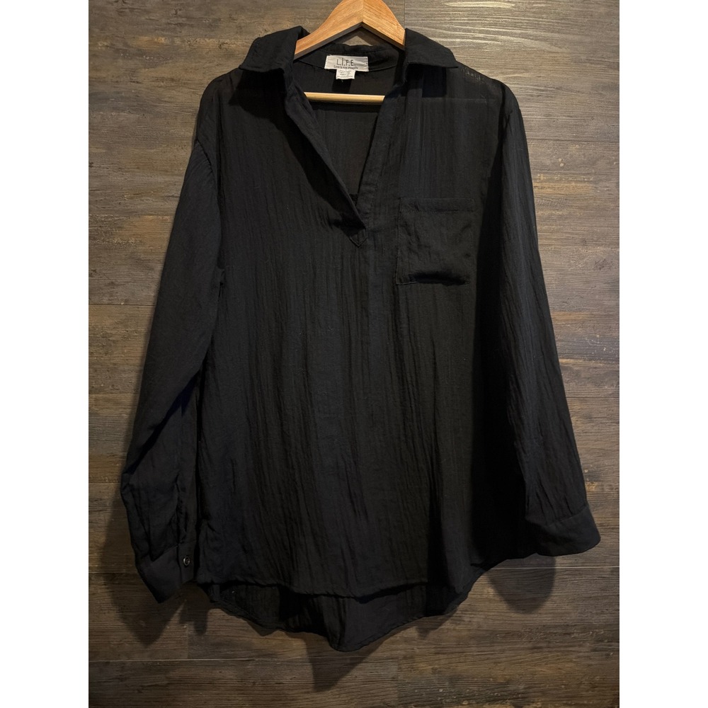 L.I.F.E. Love Is For Eternity Womens Black Textured Tunic Blouse Large V-Neck